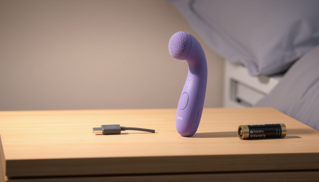 Pieni ladattava vibraattori, USB-latauskaapeli ja pakkauksessa olevia paristoja neutraalisti esiteltynä vaalealla pöydällä kotiympäristössä.