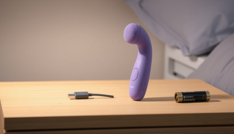 Pieni ladattava vibraattori, USB-latauskaapeli ja pakkauksessa olevia paristoja neutraalisti esiteltynä vaalealla pöydällä kotiympäristössä.
