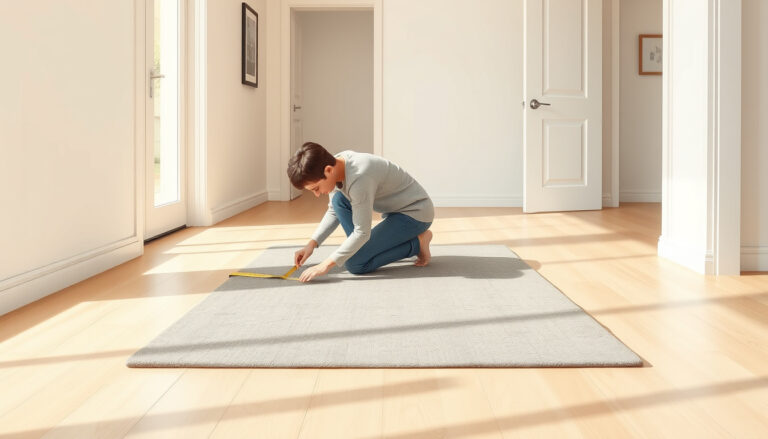 Suorakulmainen noin 100x200 cm matto lattialla eteisessä, henkilö mittaamassa maton reunaa mittanauhalla oven vieressä