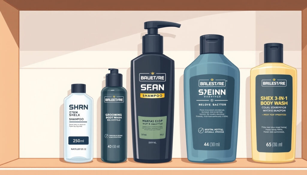 Kaapissa olevia miesten pesutuotteita: pulloja eri kokoisina shampoo-, hoitoaine- ja 3in1-merkinnöillä, yksi pieni ja yksi isokokoinen pullo vierekkäin