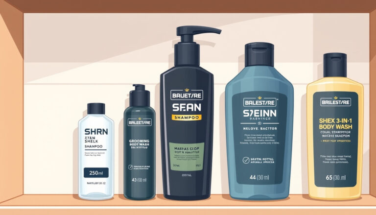 Kaapissa olevia miesten pesutuotteita: pulloja eri kokoisina shampoo-, hoitoaine- ja 3in1-merkinnöillä, yksi pieni ja yksi isokokoinen pullo vierekkäin