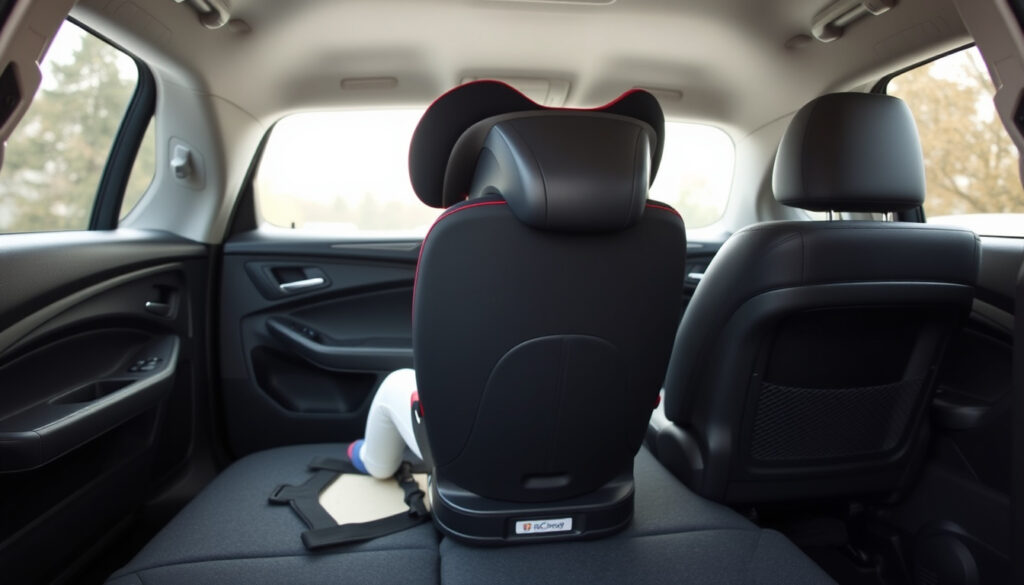 Vankka selkä menosuuntaan asennettava lapsen turvaistuin takapenkillä ISOFIX-kiinnikkeineen auton sisällä, tukijalka lattiaa vasten.