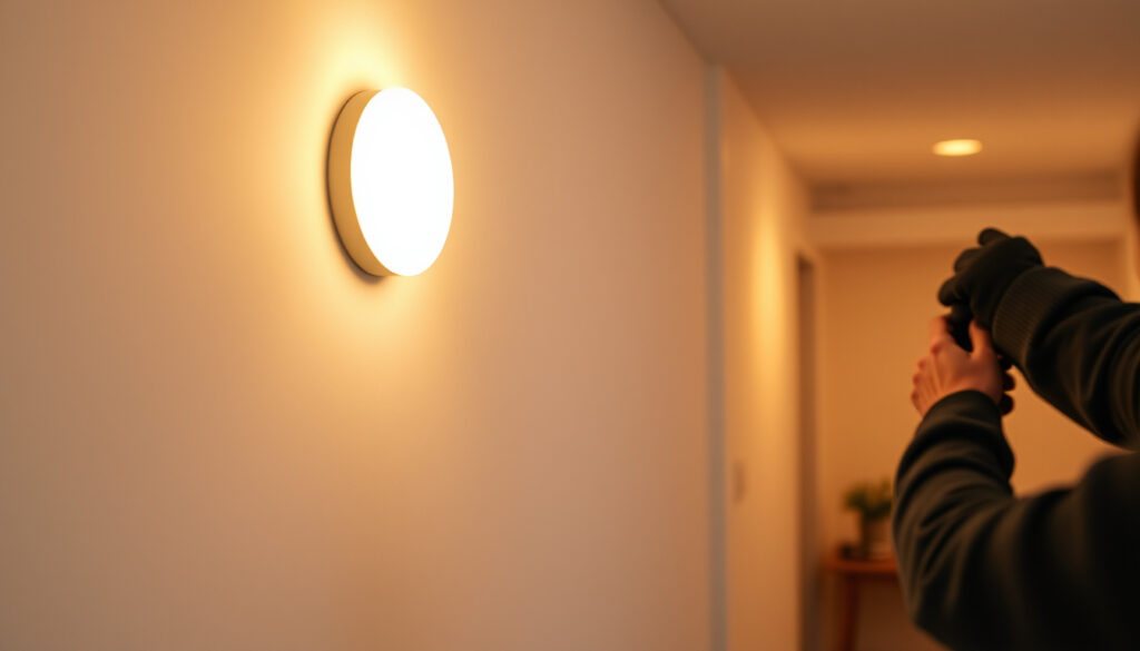 Kotikäytävän seinään kiinnitetty koristeellinen seinävalaisin, jonka lämpimä valo heijastuu ylös ja alas seinäpintaan.